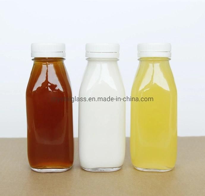 8oz 10oz 16oz Square Transparent Glass Milk Beverage Bottle with Plastic Cap