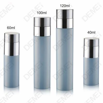 Demei 40/60/100/120ml 20/30/50g Cosmetic Skin Care Packaging Blue Straight Round Toner Lotion Glass Bottle and Cream Jar Series with Silver Cap