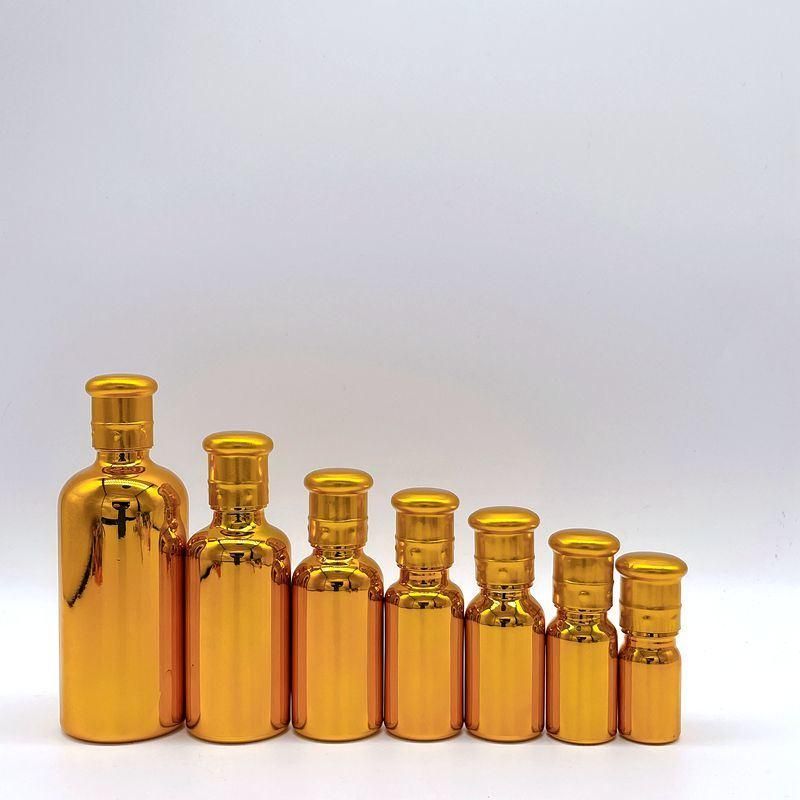 Gold Electroplate Essential Oil Glass Bottles with Cap Dropper for Cosmetic