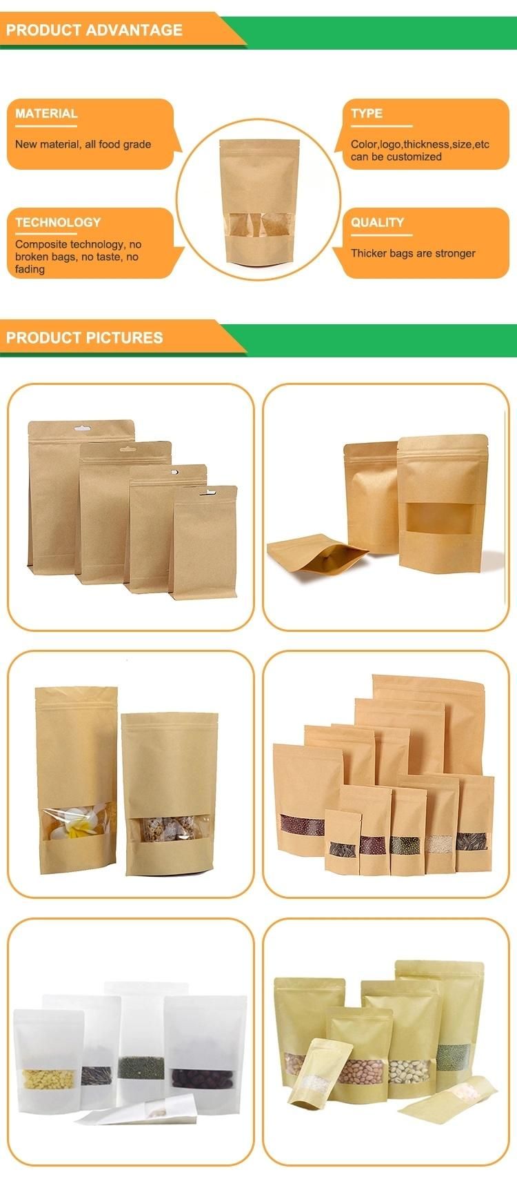 Reusable Stand up Zip Lock Paper Bags Clear Window Kraft Paper Packaging