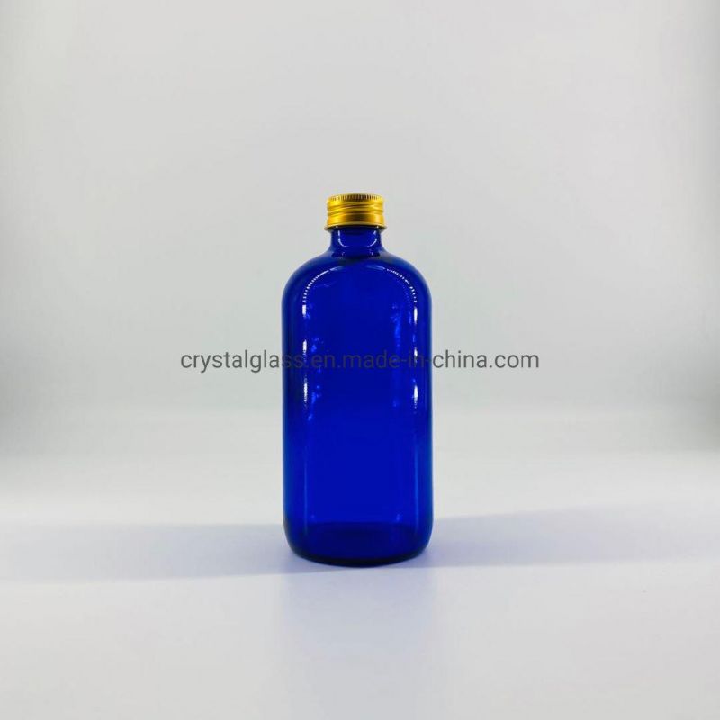 500ml 16oz Cobalt Blue Glass Boston Bottle with Golden Lid for Beverage or Medicine Liquor