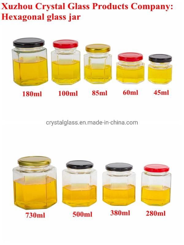 500ml Empty Hexagonal Glass Honey Jar with Black Tinplate Lids