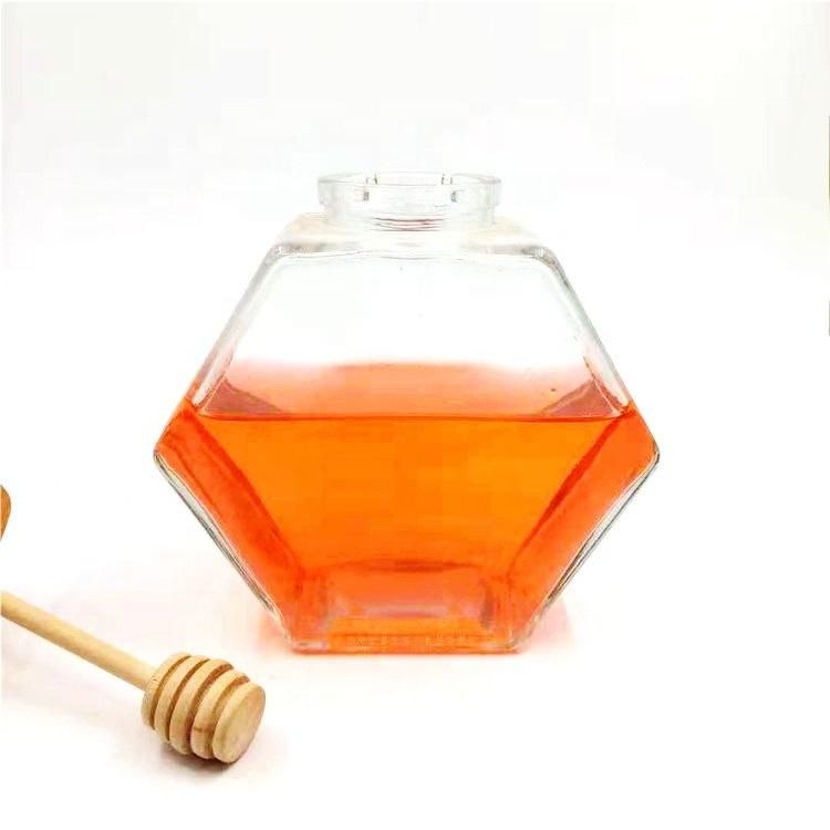 220ml 380ml Flat Hexagon Food Jar Honey Glass Jar with Bamboo Lid Dipper