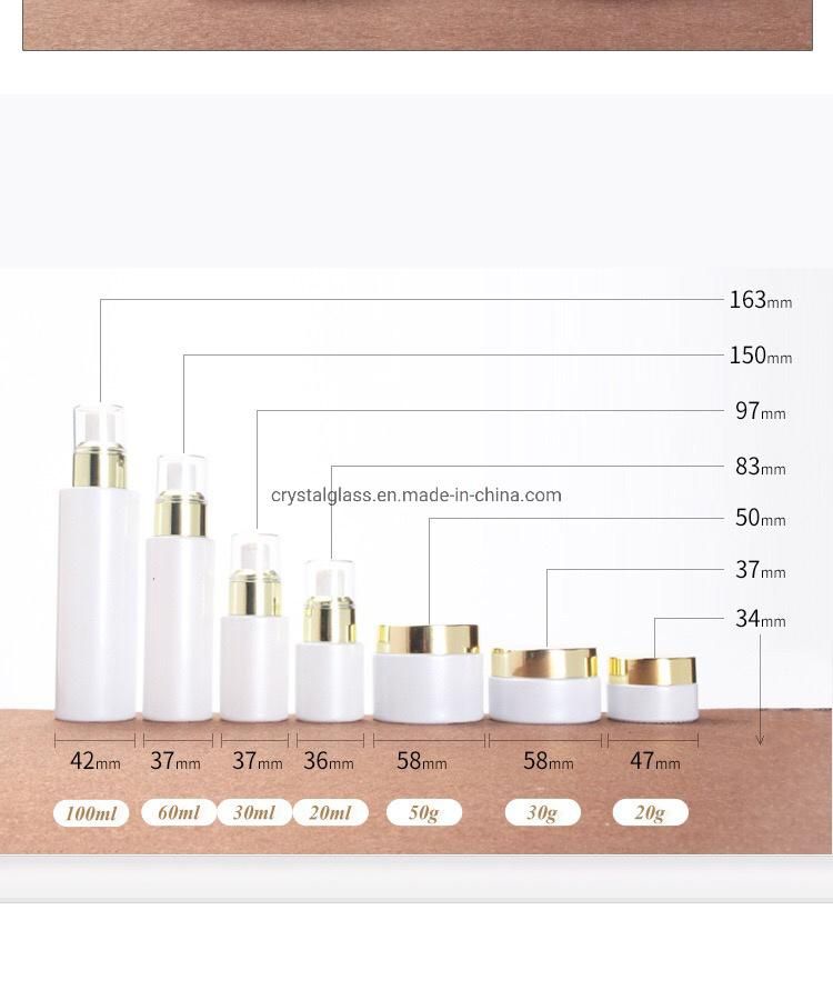 Pearl White Empty Cosmetic Cream and Otion Set Bottles in High White Glass