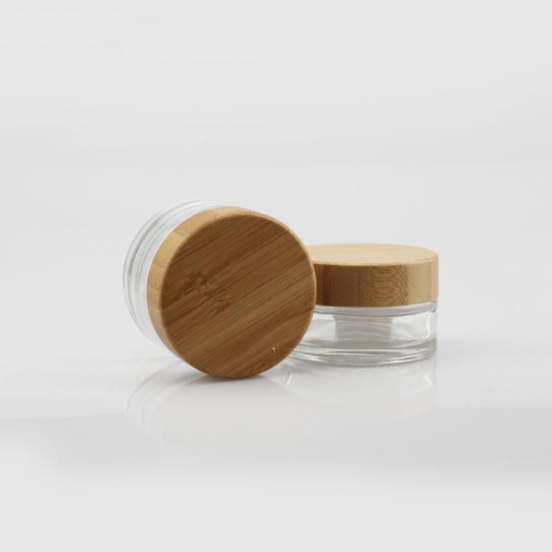 Eco Friendly Custom Logo Glass Cosmetic Jar 30g 50g Clear Frosted Glass Jars with Bamboo Wood Lid