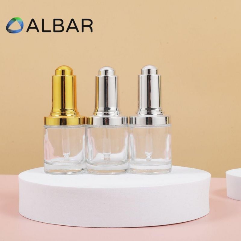 Flat Shoulder Thick Bottom Silver and Gold Cosmetic Glass Bottles with Droppers