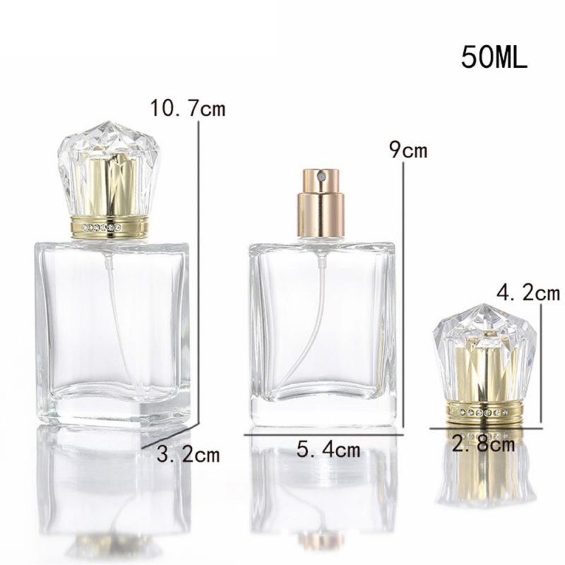 Customized 50ml Refillable Luxury Square Spray Screw Empty Glass Perfume Bottle with Sprayer Pump and Aluminium Cap