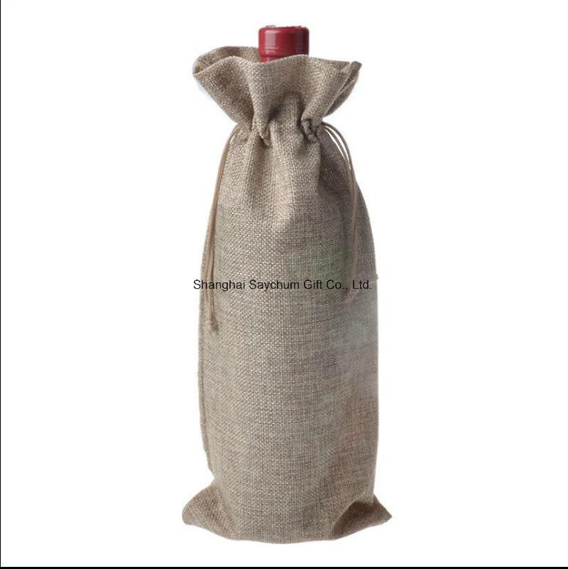 Custom Logo Jute Tote Packing Canvas Drawstring Wine Bottle Gift Bag