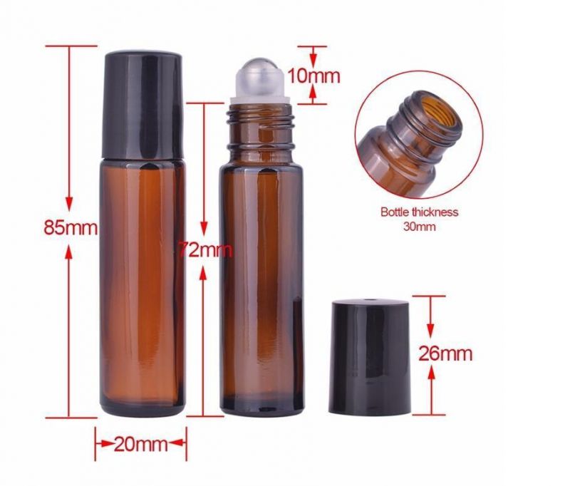 Black Brown Amber 10ml Glass Roller Ball Bottle for Essential Oils with Screw Lid and Metal Roller Ball