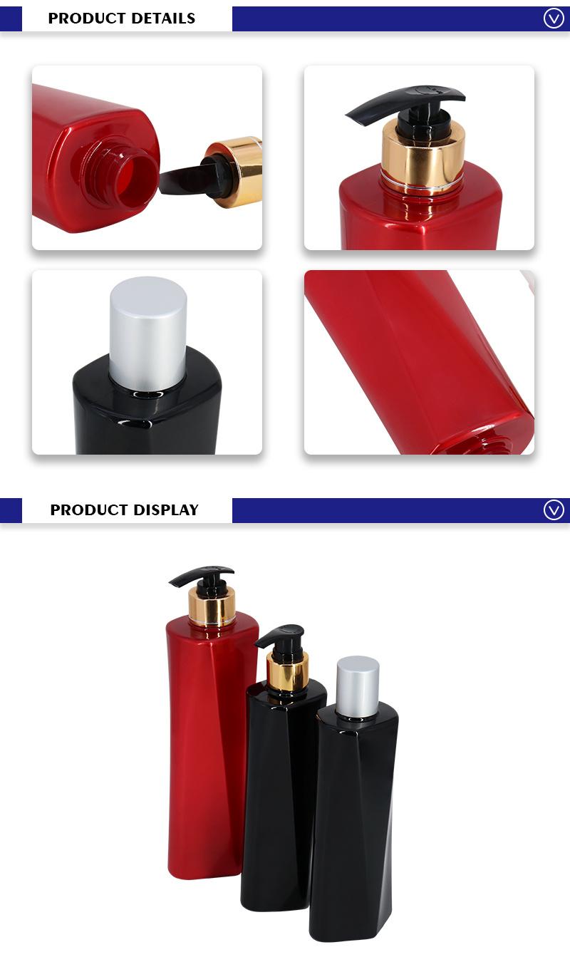 Factory Price 280ml 500ml Red Black Triangle Empty Bottle Design for Shampoo with Screw Cap Pump