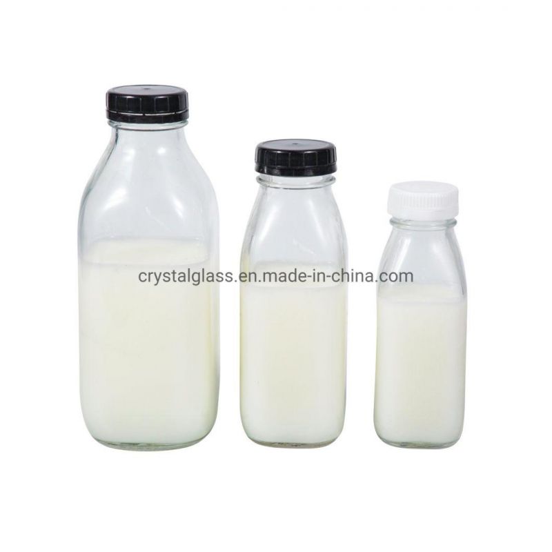 500ml 16oz Transparent Glass Square Fresh Milk Tea Juice Bottle with Plastic Lids