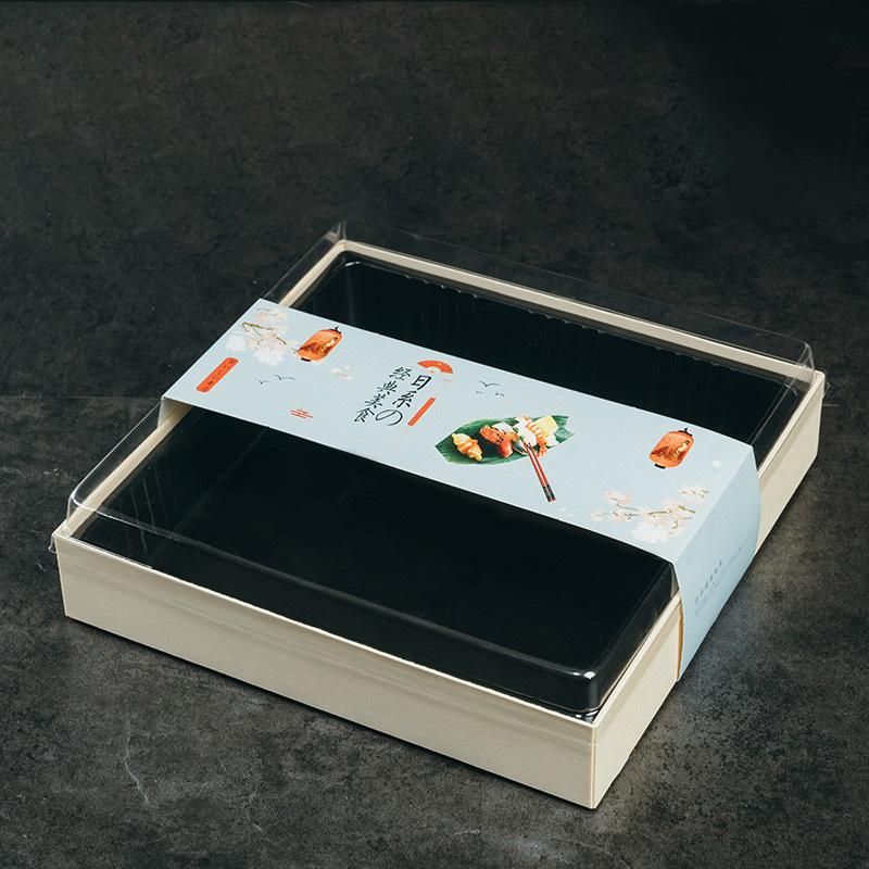 Donuts Sushi Pet Food Package Container Eco Sushi Box Blister Plastic Pet Black Bottom Transparent Cover Sushi Food Container Disposable Wood Packaging