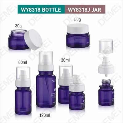 Demei 30/60/120ml 30/50g Cosmetic Skin Care Packaging Lovely Coating Blue Purple Toner Lotion Glass Bottle and Cream Jar Series