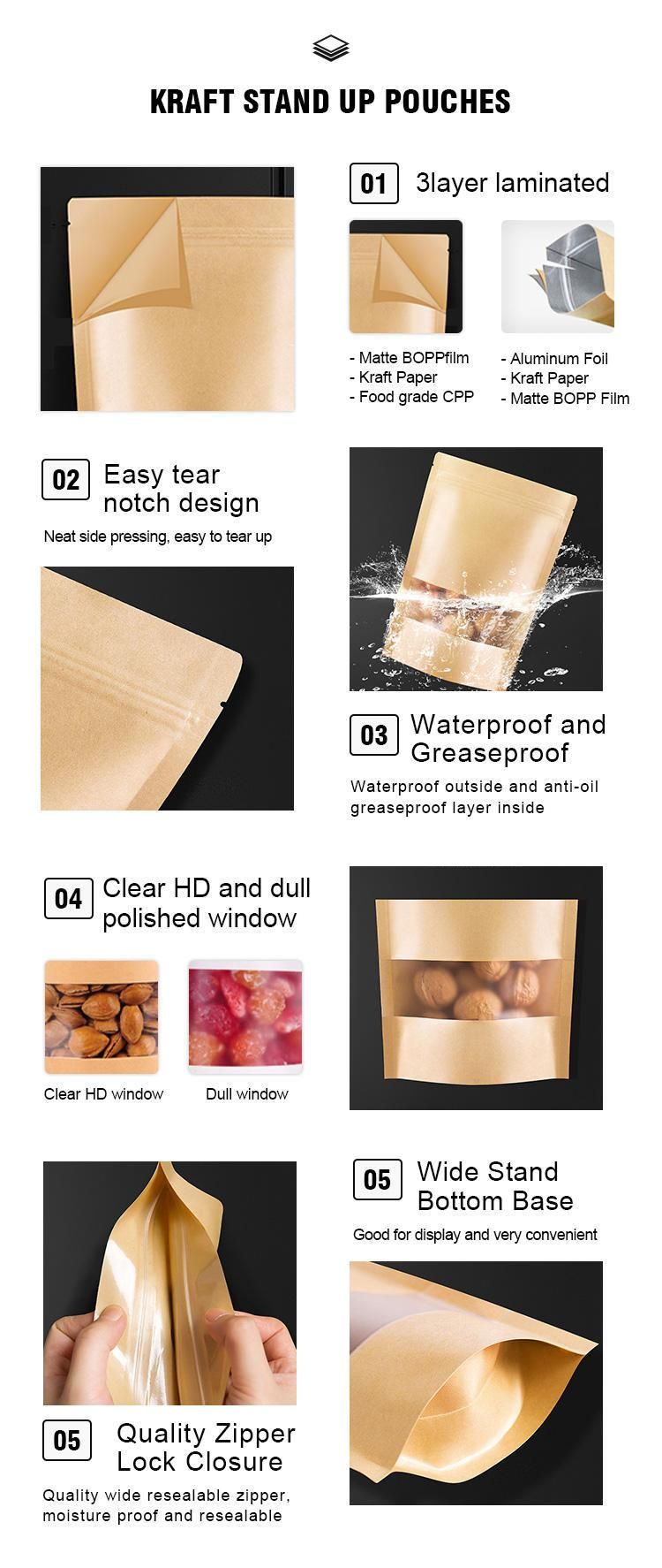 Waterproof Zipper Sealed Resealable Zip Lock Food Grade Ziplock Stand up Pouch Brown Kraft Paper Bag with Window