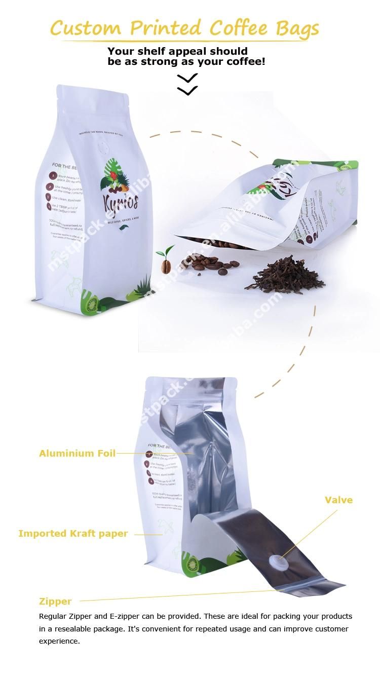 Eco-Friendly Flat Bottom Pouch Tea Coffee Bean Package Bag with Tin Tie