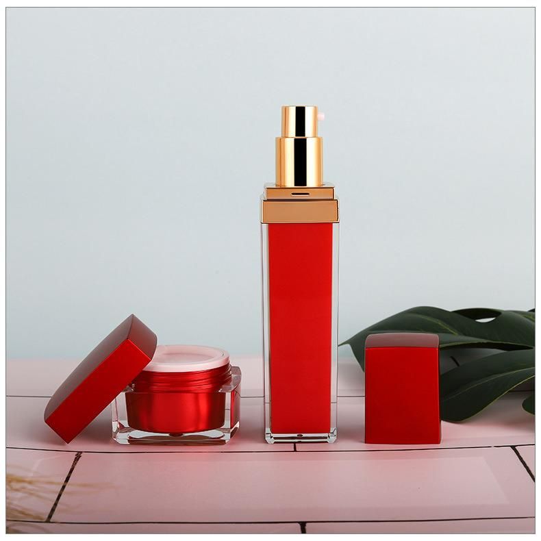 Skin Care Products Acrylic Cosmetic Bottles, 50g/30g Cream Jar Red Square Bottle Lotion Bottle