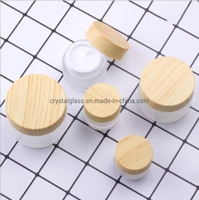 Hot Sale Frosted Glass Cosmetic Bottle Cream Jar with Bamboo Lid 30g 50g