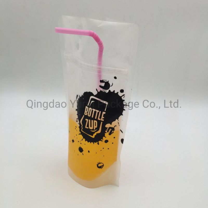 Eco-Friendly Plastic Stand up 350ml 500ml Disposable Zipper Resealable Ziplock Juices Drink Pouch Bag with Plastic Straw