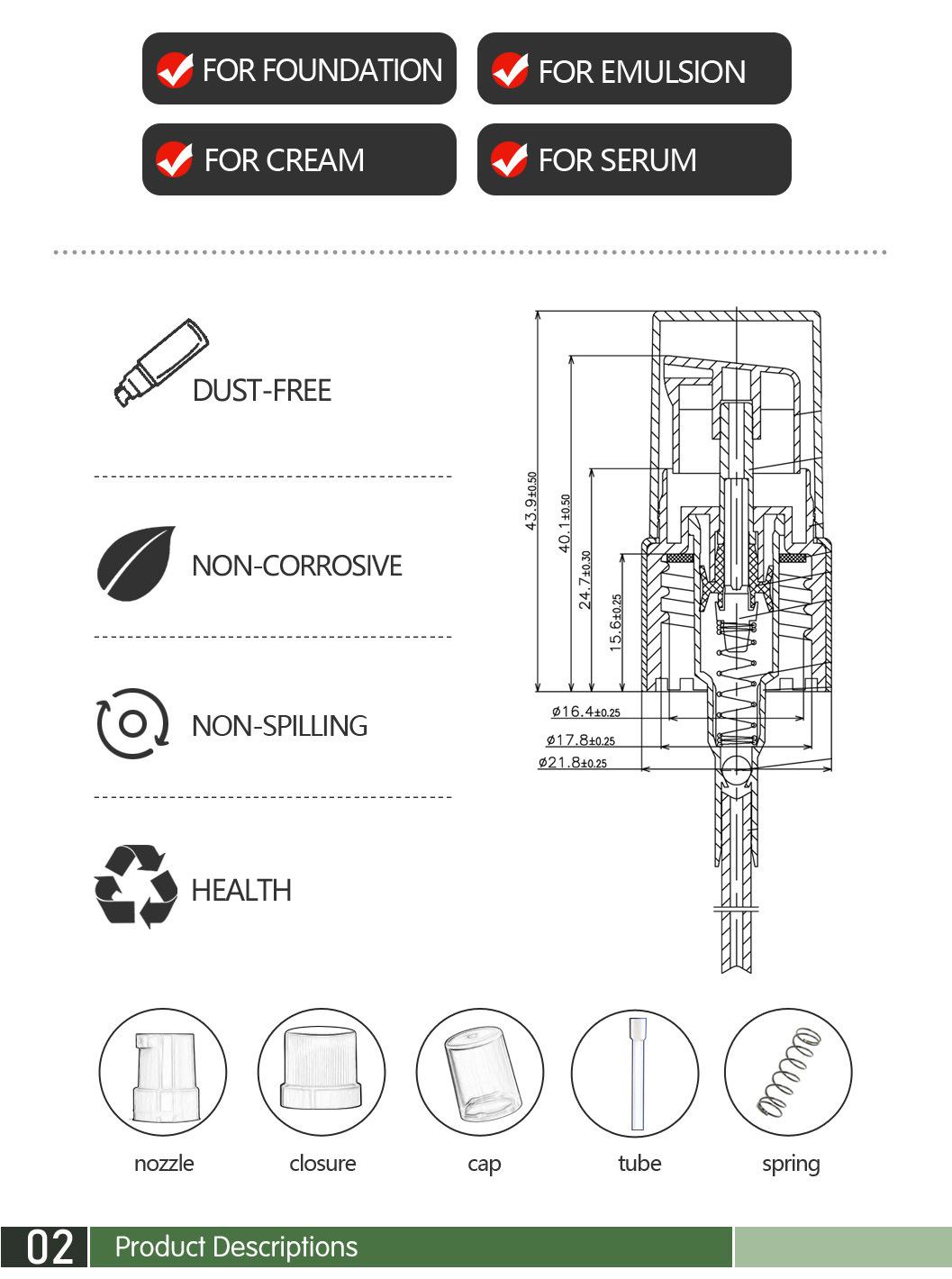 Cream Pump Treatment Pump Liquid Pump with Overcap Plastic PP Cap 18/410 20/410 18/415 20/415