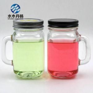 Stock 500ml 16oz Mason Glass Jar with Handle for Beverage Drinking Juice Glass Bottle