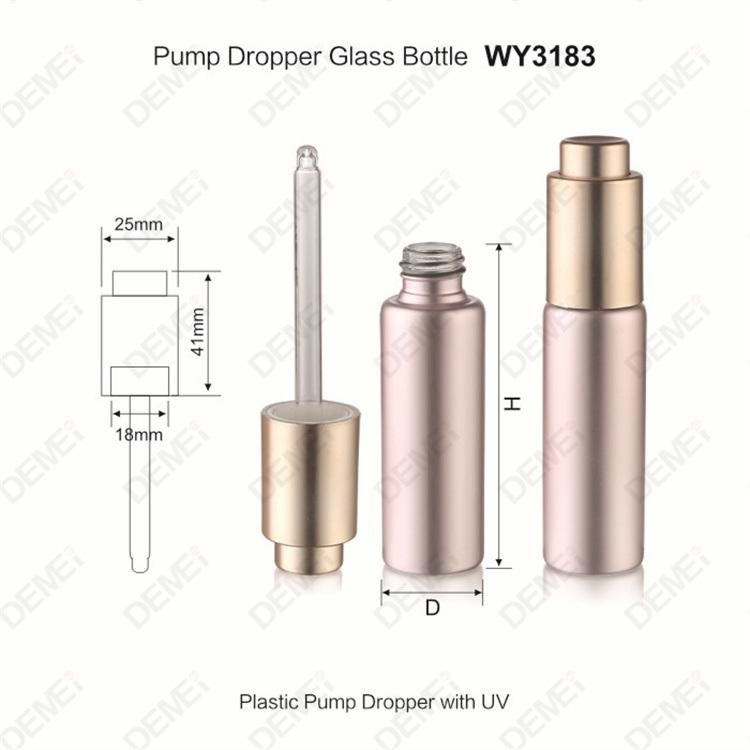 10ml-40ml Wholesale Cosmetic Packaging D27.5mm Stright Round Clear and Amber Serum Essential Oil Tube Glass Bottle with Gold Aluminum Press Button Dropper Cap