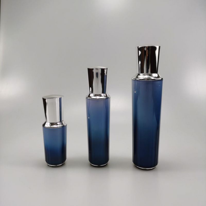 30ml 50ml 90ml Round Blue Acrylic Bottle Cream Serum Bottle with Silver Cap for Essence