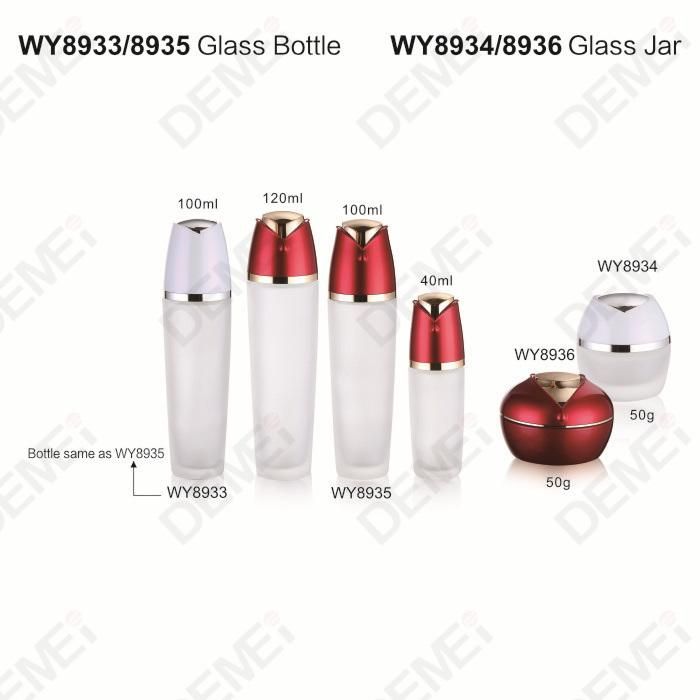 40/100/120ml 50g Cosmetic Skin Care Packaging Clear Frosted Toner Lotion Glass Bottle and Cream Jar with Red ABS Flower Cap