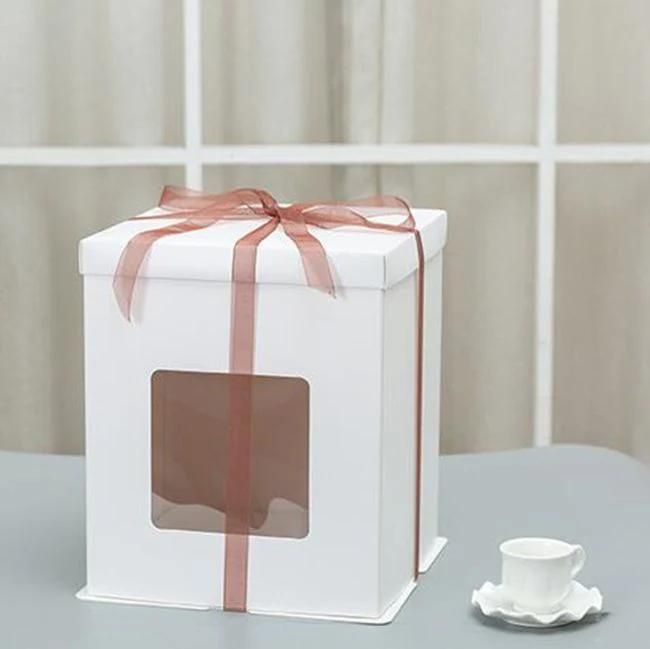 Tall Paper Cake Box Window 6′′8′′ 10′′ 12′′ Plain White Color Happy Birthday Cake Packaging Boxes