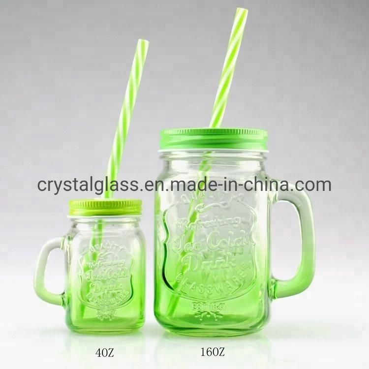 Cutomized Shapeed Colored Glass Drinking Beverage Bottle Mason Jar with Handle