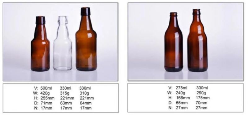 250ml 330ml 500ml Clear Beer Bottle Glass with Crown Cap