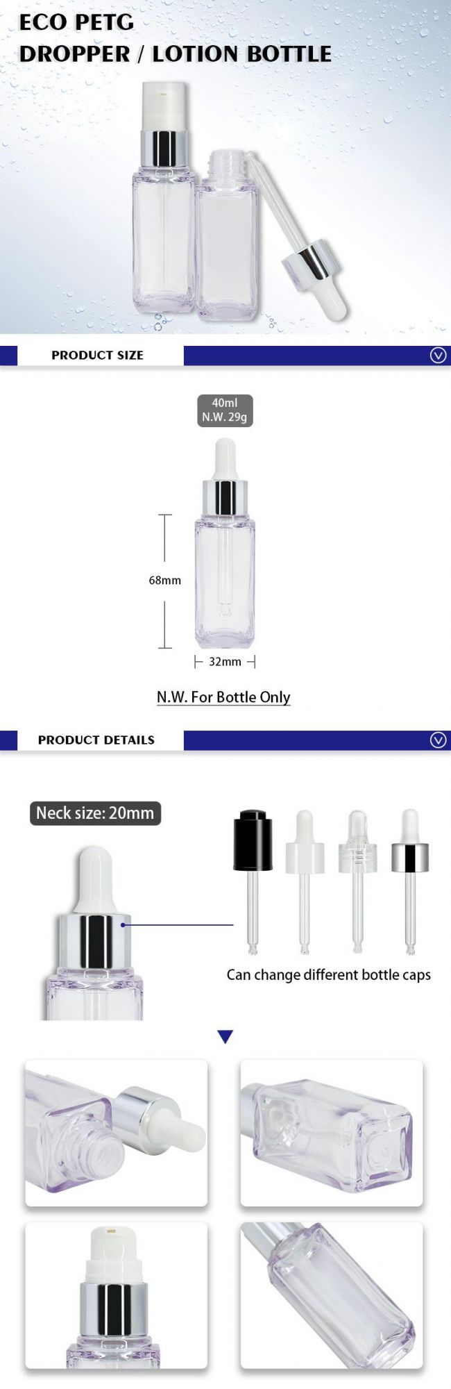 China Custom OEM Eco PETG 40ml Empty Packaging Plastic Dropper Bottle for Cosmetic