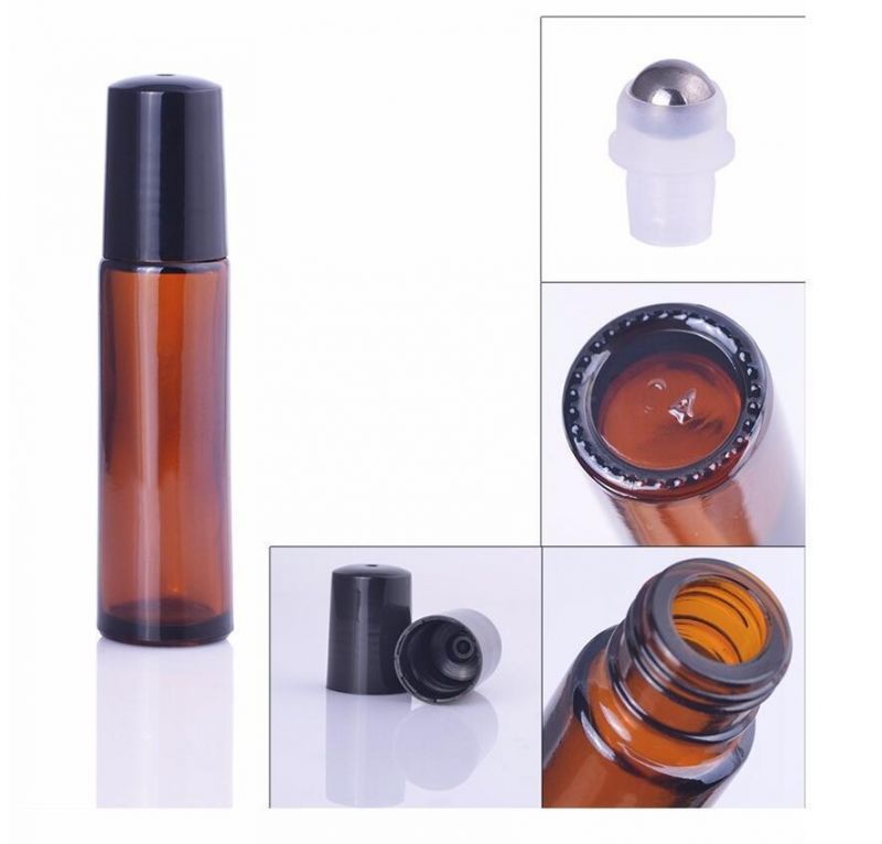 Black Brown Amber 10ml Glass Roller Ball Bottle for Essential Oils with Screw Lid and Metal Roller Ball