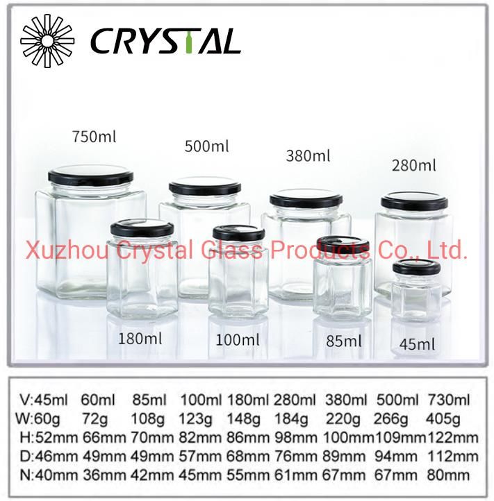 100 150 250 350 500ml Wholesale Chili Sauce Hexagon Glass Jar Honey Bottle Jam Bottle Packaging Jar Canned Bottle