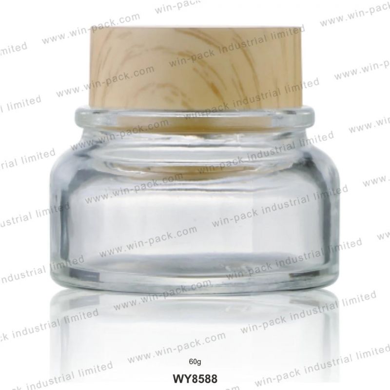 Luxury Clear Glass 60g Cream Jar with Bamboo Cap in High Quality Low Price