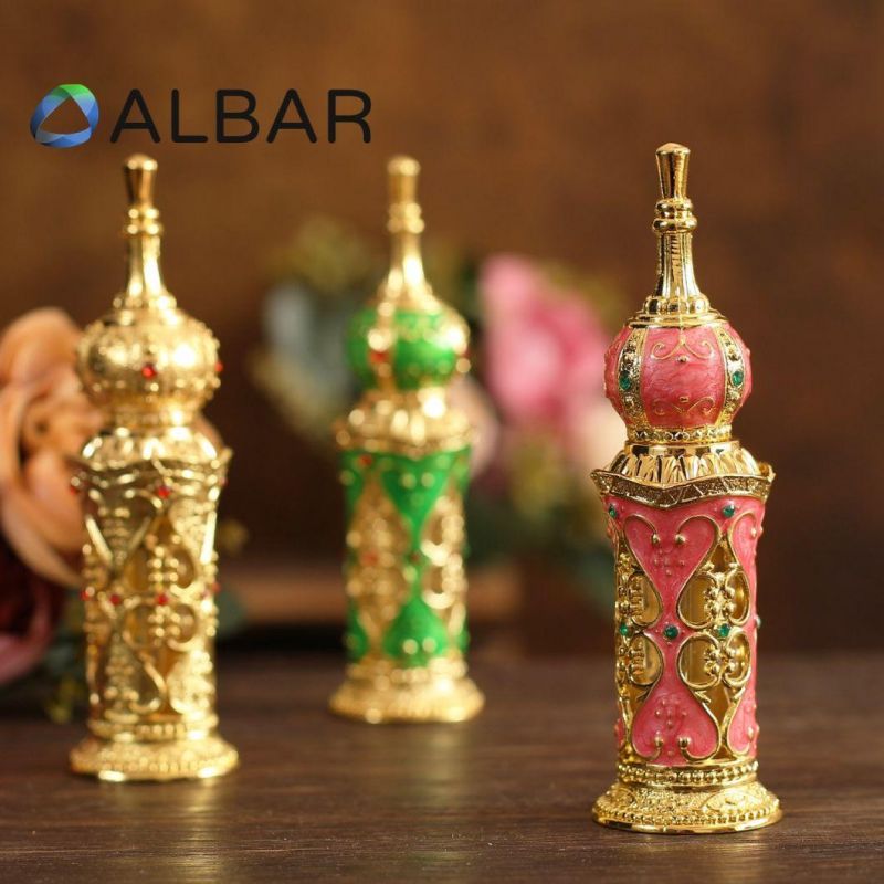 Round Caps Attar Oud Zamac Perfume Bottles with Glass Sticks Green Pink Gold