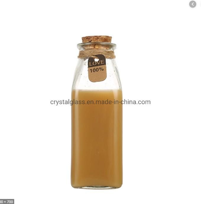 350ml 10oz Custom Logo Printing Glass Square Bottle with Cork for Fresh Milk Juice or Beverage Packing