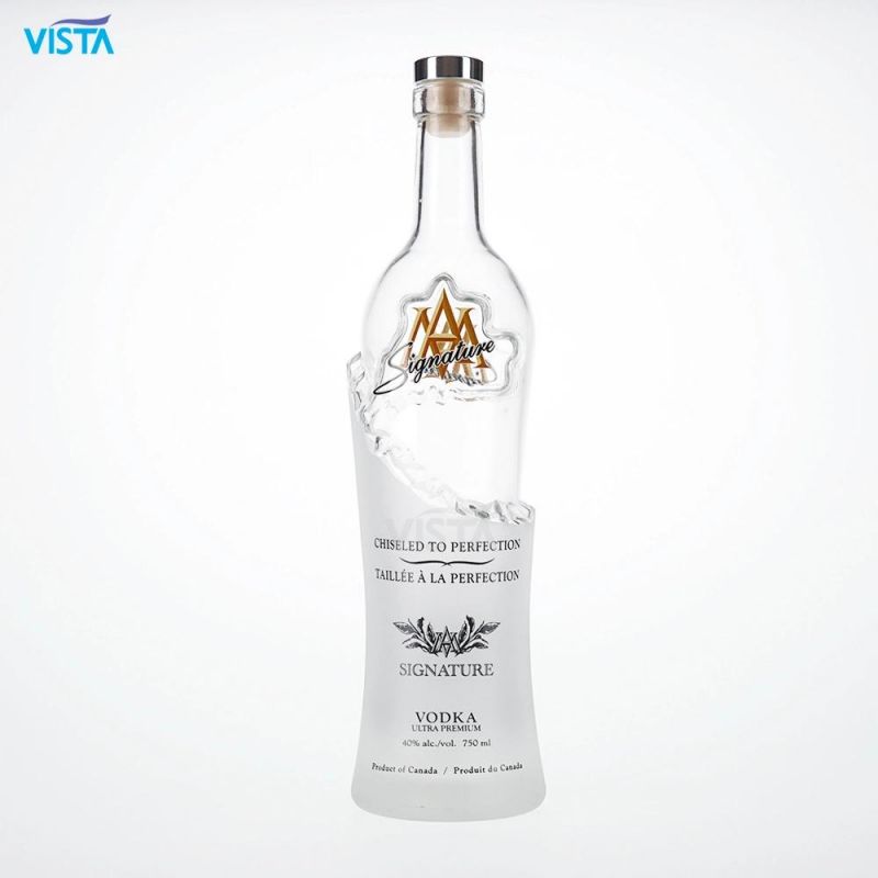 750ml Ice Mountain Vodka Bottle High Flint Glass Bottle with Frost and Screen Printing with Cork