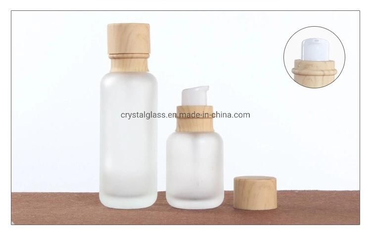 Cosmetic Packaging Bottle with Wooden Caps in Forsted Glass Set