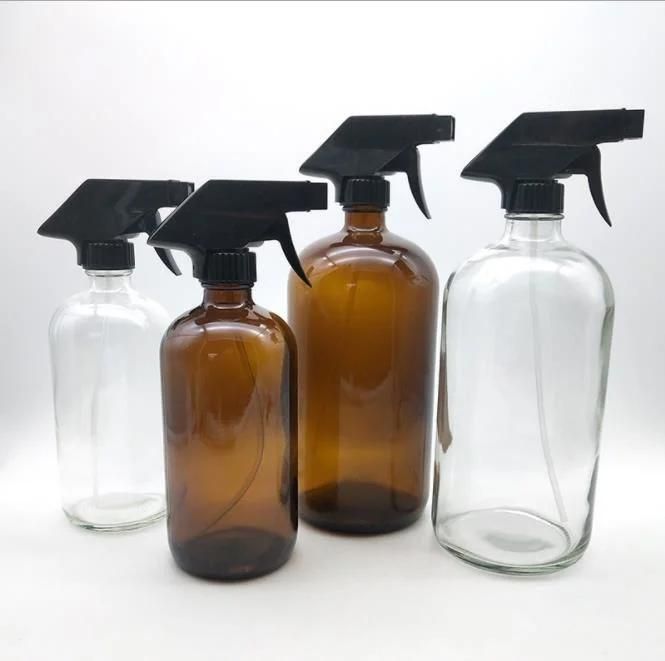 250ml 500ml Amber or Clear Glass Bottle Boston Round Bottle with Mist Sprayer for Disinfectant Packing