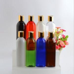 250ml Pet Plastic Boston Round Shoulder Shampoo Lotion Bottle with Alumite Gold and Silver Press Cap