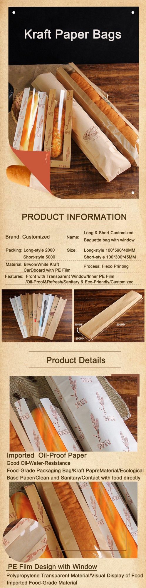 Wholesale Custom French Food Packing Baguette Bag Price for Bread/Customized