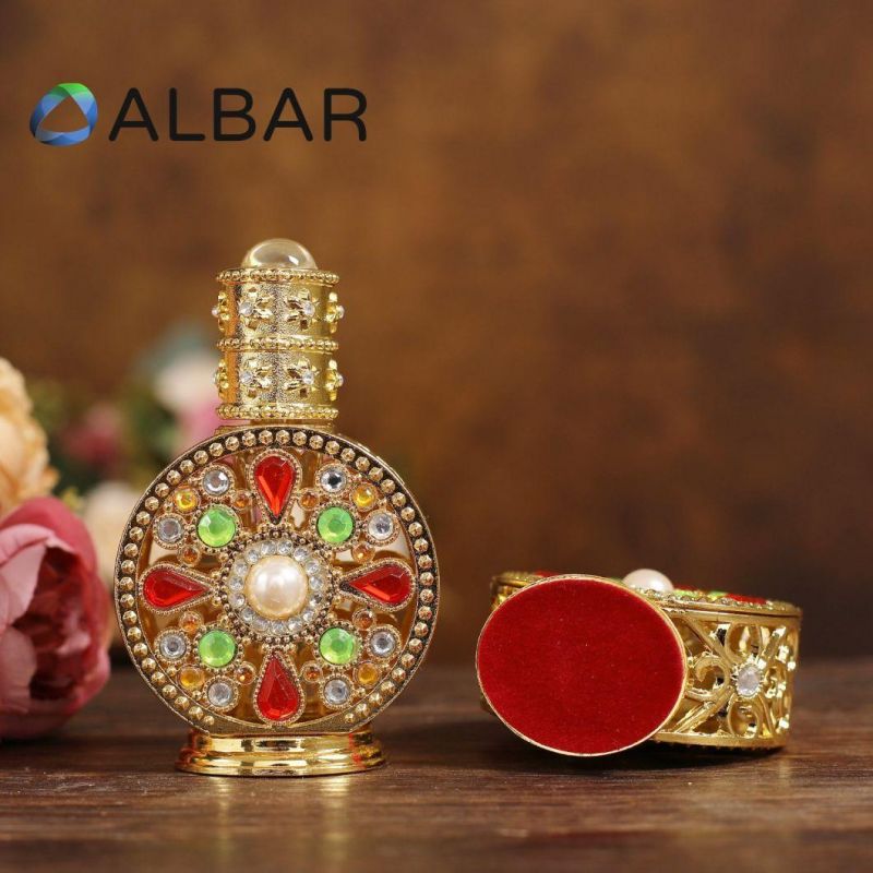 Customized Style Attar Oud Tola Perfume Bottle with Zinc Zamac in Gold and Red Pearls Color