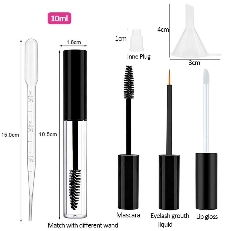 10ml Empty Refillable Clear Plastic Lip Gloss Eyelash Serum Mascara Wand Tube with Brush for Mascara Eyelash Growth Oil