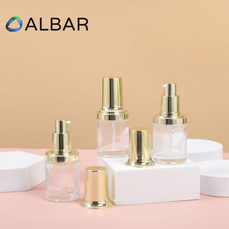 Light Gold Metal Flat Shoulder Cosmetics Skin Care Jar Glass Bottles with Liquid Pumps