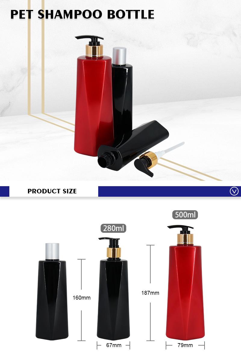 Factory Price 280ml 500ml Red Black Triangle Empty Bottle Design for Shampoo with Screw Cap Pump