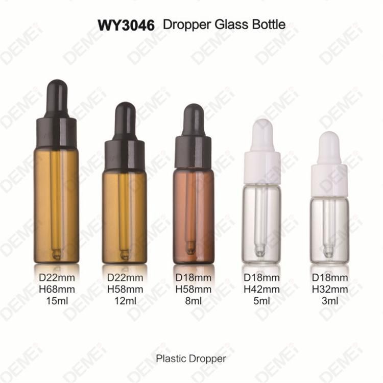 3ml-15ml Wholesale Cosmetic Packaging D18mm D22mm Straight Round Clear and Amber Serum Essential Oil Tube Glass Bottle with 13mm Silver Dropper Cap