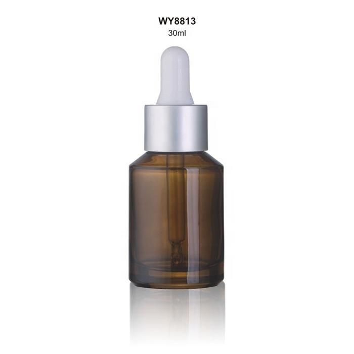 Winpack Cosmetic Shiny Silver Color Amber Glass Dropper Bottle for Oil Package 30ml 1 Oz Custom Amber Glass Dropper Bottle Packaging Container with Pipette