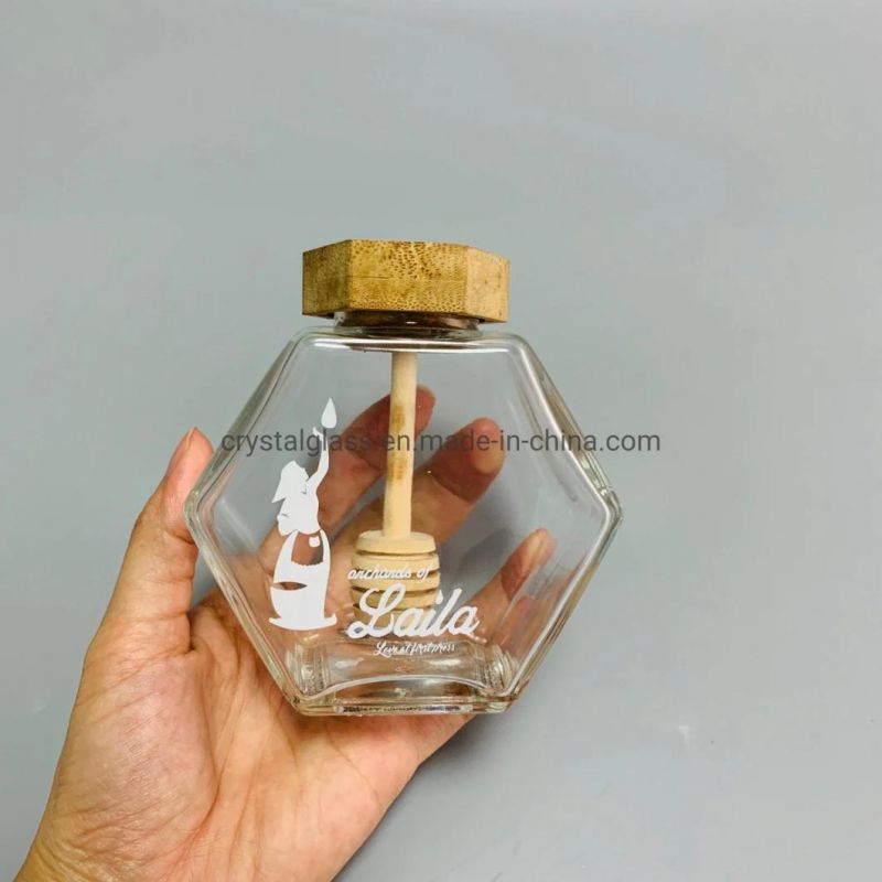 380ml 12oz Bamboo Cover Empty Hexagon Natural Royal Honey Container Glass Honey Jar with Muddler