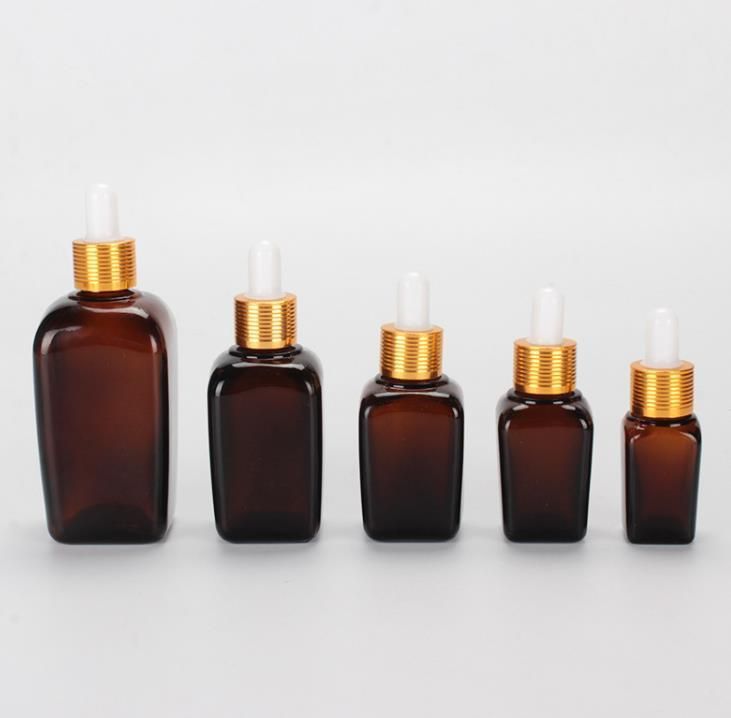 10ml 20ml 30ml 50ml 100ml Amber Square Glass Bottle Cosmetic Glass Shiny Gold Dropper for Essential Oil