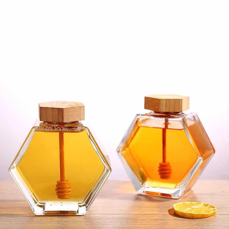 100ml 220ml 280ml Clear Empty Storage Hexagon Honey Bottle with Wooden Dropper